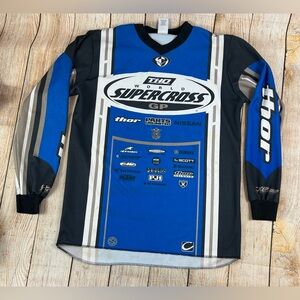 Vintage 90s Thor World Supercross GP Sprocket Gear Jersey Large Blue Black